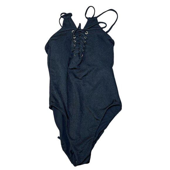 Hula Honey Shimmer Rib Lace-up One-Piece Swimsuit in Black NWOT Small - Picture 5 of 5